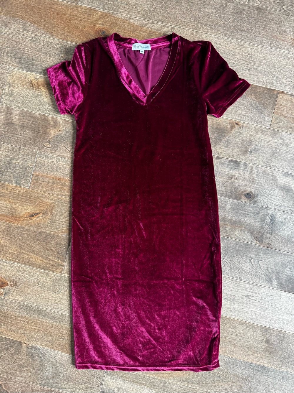 Velvet V-Neck Midi Dress in Burgundy by Pink Republic